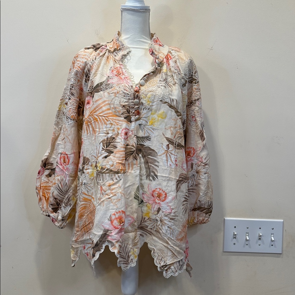 Boston Proper Cream and Tan Floral Shirt
